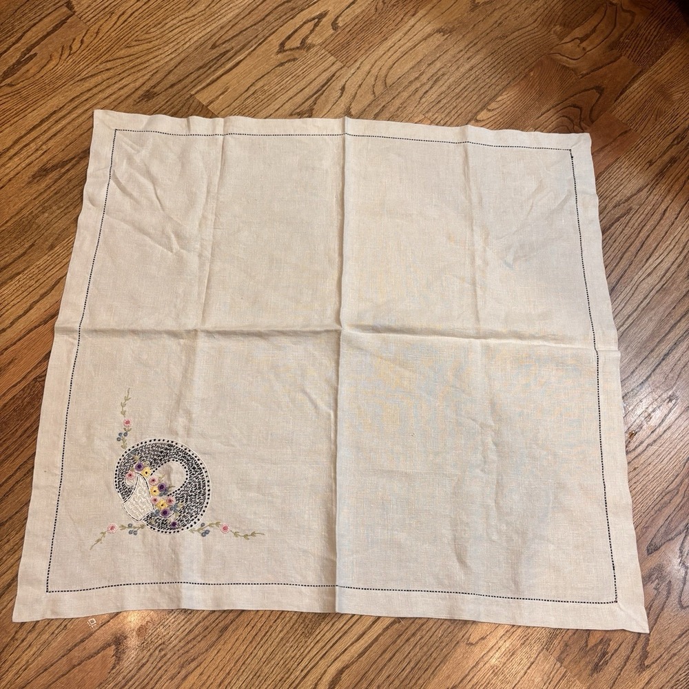 Vintage Linen Tablecloth Embroidered Flower Basket Cutwork Hemstitch 34x36‎